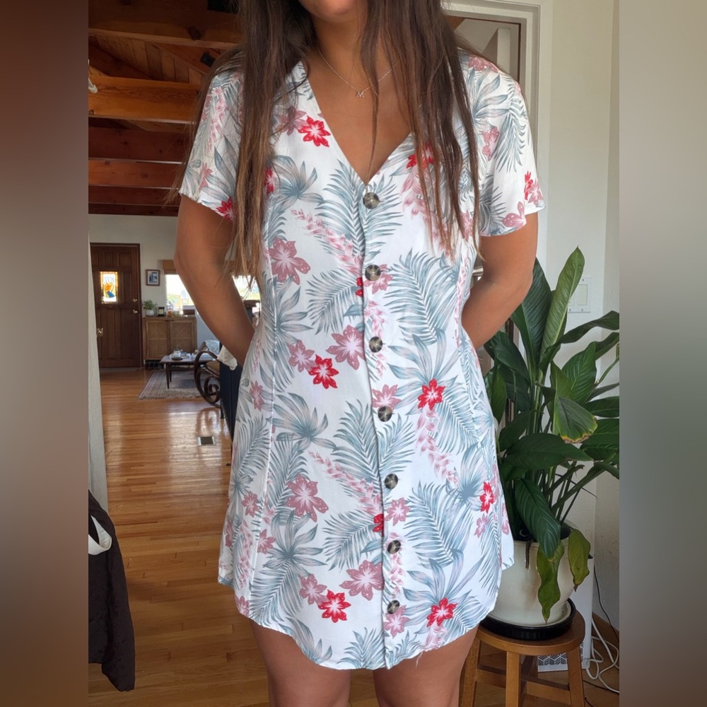 Hurley White Mini Dress with Pink Floral and Pale Green Palm Print